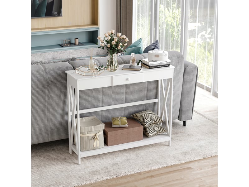  Console en bois, table d'entrée avec 1 tiroir et 1 étagère de rangement pour couloir ou salon, 100 x 30 x 81 cm, blanche  - Conforama D
