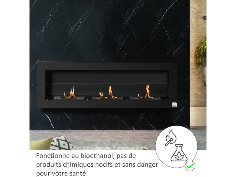  Cheminée bioéthanol murale encastrable 3 brûleurs 3 l au total, environ 3 h durée de combustion acier inox noir  - Conforama D