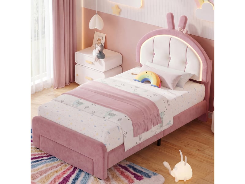  Lit simple, 90 x 200 cm, avec une tête de lit à motif lapin et lumière led, velours, rose  - Conforama B