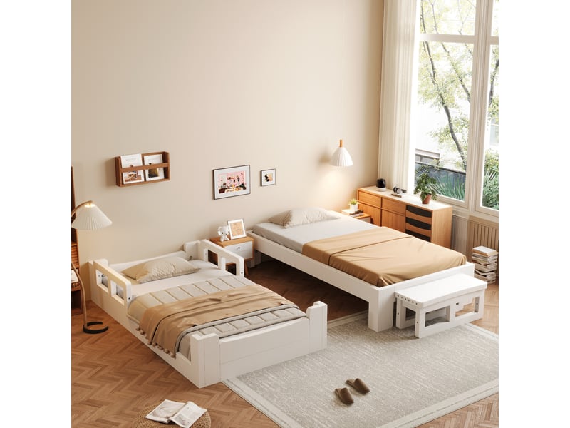 Lit évolutif enfant 90x200cm blanc, lit bas avec barrières ou lit simple avec banquette, structure en pin et sommier à lattes, pratique au quotidien - Conforama B