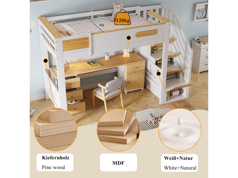  Lit mezzanine avec bureau, tiroirs, rangement escalier et étagère, blanc et naturel, 90 × 200 cm  - Conforama D