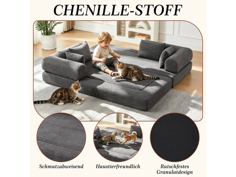  Canapé-lit convertible 2 places,200x95x68cm,canapé modulable 4 en 1 en tissu chenille,dossier réglable,4 coussins inclus,aucun montage requis,gris  - Conforama E