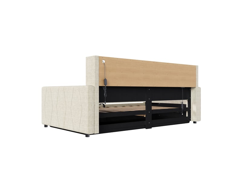 Canapé-lit rembourré 90x200 cm avec led et usb,lit coffre rangement hydraulique,tête de lit de rangement,tissu lin,beige - Conforama A