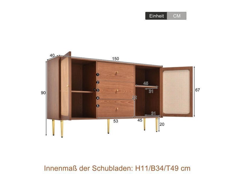  Buffet en rotin 150cm - finition noyer - 2 portes + 3 tiroirs -  poignées dorées &amp; étagères réglables - pour salon et chambre bois foncé - Conforama E