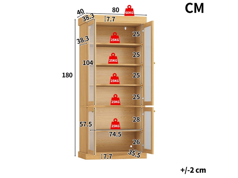  Lot de 2 vitrines hautes avec éclairage led réglable, portes en verre, rangement modulable, aspect bois naturel  - Conforama C