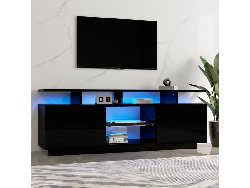  Meuble tv noir brillant 140 cm avec led 16 couleurs - 2 portes 5 compartiments pour téléviseur 60 pouces  - Conforama D