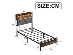 Lit simple 90x200-bois et métal - cadre de lit industriel avec tête de lit étagère, éclairage led rvb et ports usb