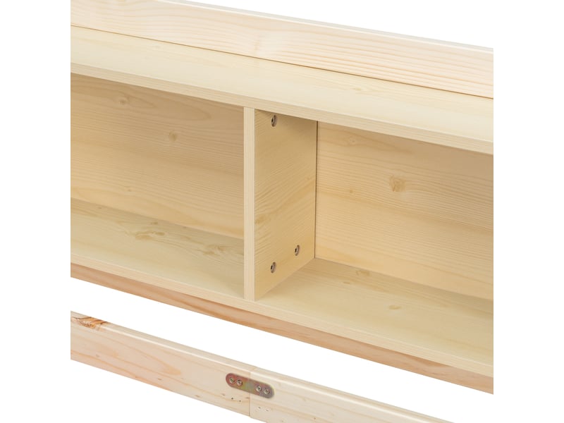  Lit cabane au sol 140 × 200 cm, rangements intégrés, barrières et toit ouvert, pin et panneaux de bois, naturel  - Conforama E