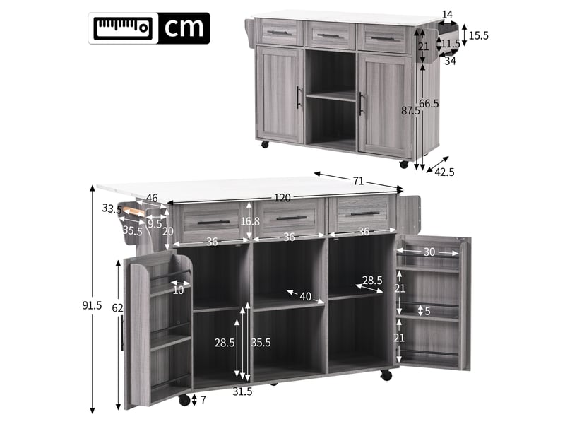  Desserte de cuisine 139x46x91,5 cm, plateau rabattable et structure en panneauxde particules, meuble cuisine, gris  - Conforama C