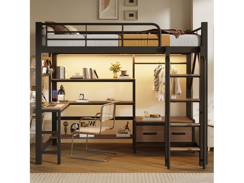  Lit mezzanine 90x200 cm avec bureau et rangements en métal et mdf noir  - Conforama C