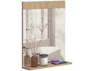 Miroir de salle de bain mural avec étagère ouverte, miroir d'entrée, 50 x 12 x 60 cm, chêne