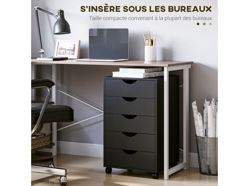 Caisson bureau mobile, meuble rangement bureau sur roulettes, 40 x 40 x 67 cm, 5 tiroirs, noir  - Conforama R