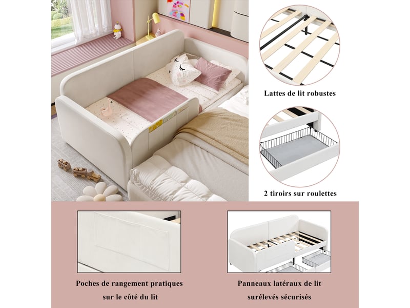 Lit enfant 90x200 cm, lit de repos, tiroirs, poches latérales, sommier, velours blanc, sans matelas - Conforama E