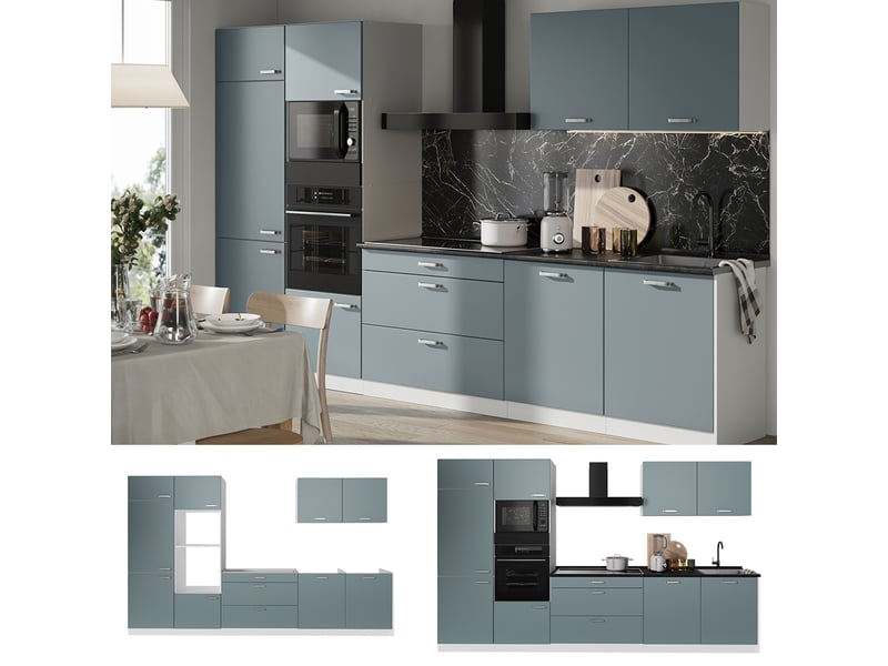Vicco cuisine, bleu-grisblanc, 340cm plan de travail chêne doré - Conforama D