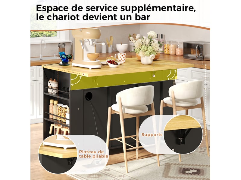 Desserte de cuisine avec 3 tiroirs, plan rabattable, prises usb, roulettes, en mdf naturel, 130 × 50(80) × 87 cm - Conforama E