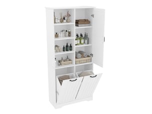 Armoire de salle de bain 78 x 35 x 172,7 cm – blanche – 2 paniers à linge et rangements modulables pratiques