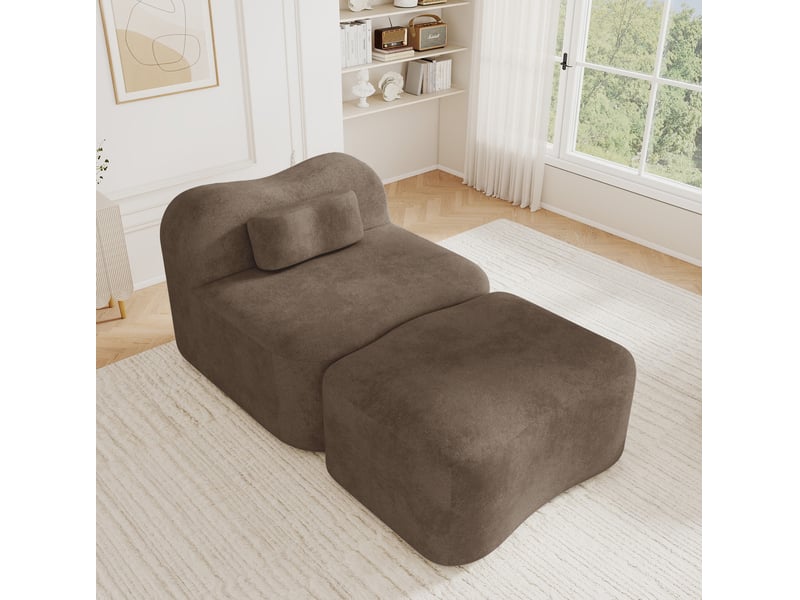 Canapé modulaire 1 place sans cadre avec ottoman et coussin mobile, forme ondulée en velours marron - Conforama B