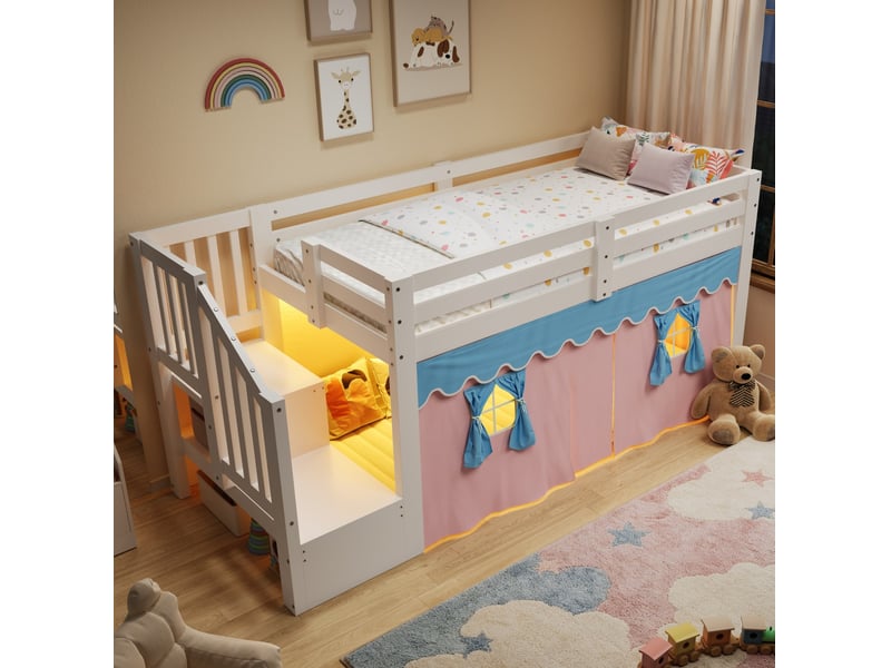  Lit mezzanine semi-haut 90x200 cm avec rangement et led, coloris blanc  - Conforama D