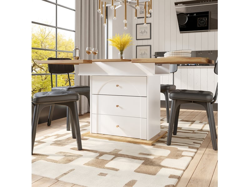  Table de salle à manger extensible, 110-140x80 cm, 4-6 places pour 4-6 personnes, repas, mdf, coloris blanc et naturel  - Conforama E