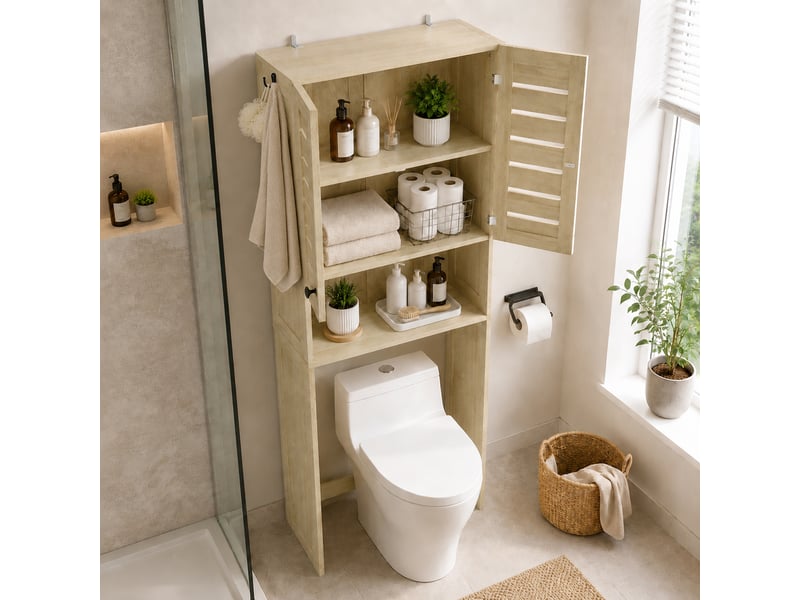  Meuble wc meuble dessus toilettes style classique chic 2 portes étagère niche naturel  - Conforama E
