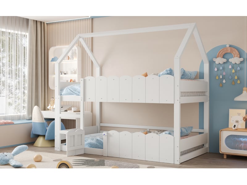  Lit superposé pour enfants 90x200 cm avec barrière de sécurité, lit cabane avec sommier à lattes, lit 1 personne, blanc  - Conforama E