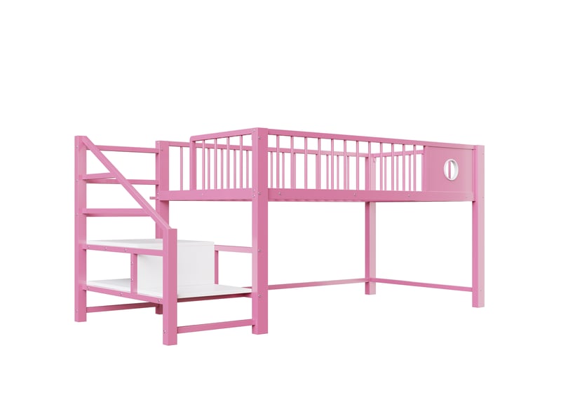  Lit mezzanine bas enfant métal rose 90x200 cm, échelle avec rangement, cadre robuste  - Conforama D