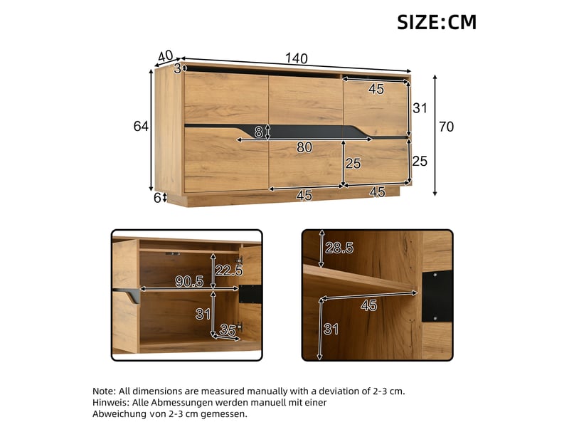  Buffet 140x40x70 cm, 3 portes, tablettes réglables, fermeture amortie, panneau de particules, chêne et noir, élégant  - Conforama C
