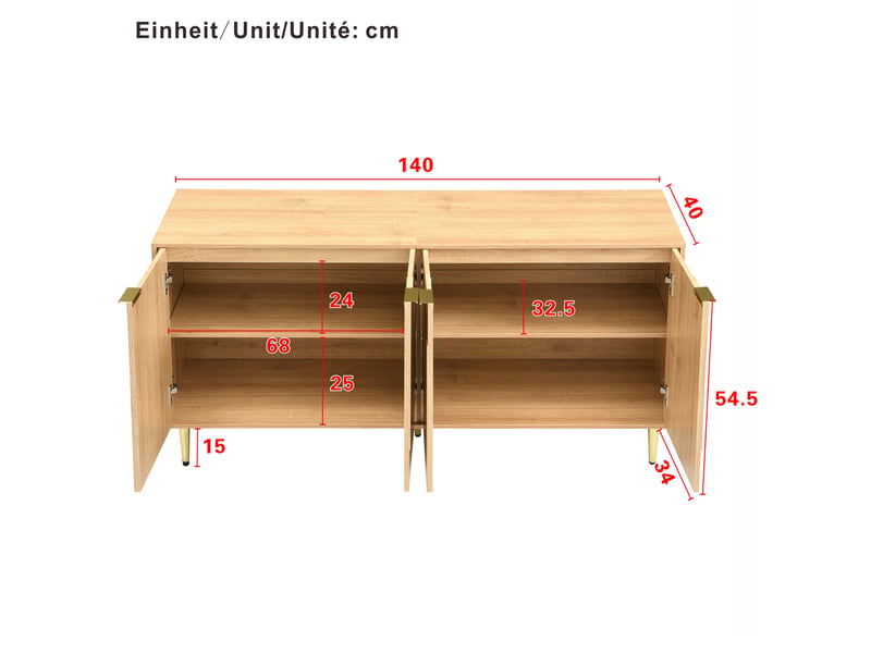 Buffet bas ulevr 4 portes avec rangement 140 x 40 x 72 cm en mdf naturel, étagères réglables et pieds métalliques dorés - Conforama C