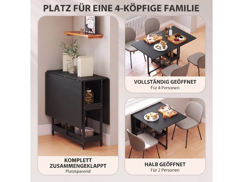  Table à manger pliante style industriel pour 4 personnes, étagères ouvertes, flexible, métal et panneau de particules, noir  - Conforama E