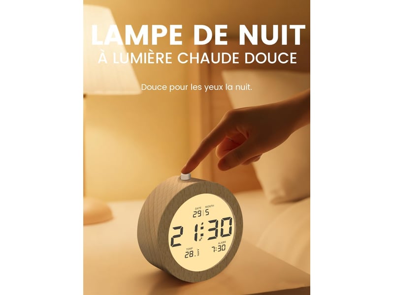  Réveil numérique, réveil en bois avec affichage de la température et fonction de répétition de l'alarme (snooze)  - Conforama E