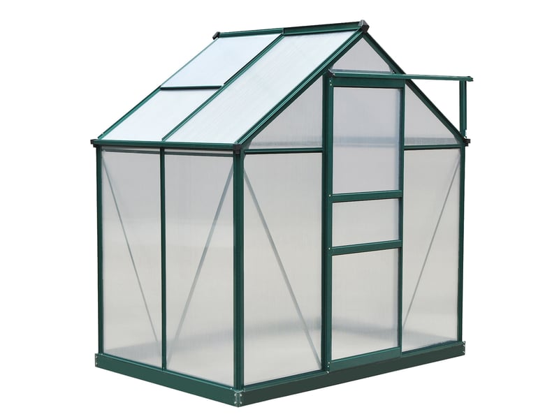  Serre de jardin polycarbonate 190 x 132 x 201 cm résistant aux uv 30+ fondation renforcé gouttière vert foncé  - Conforama B
