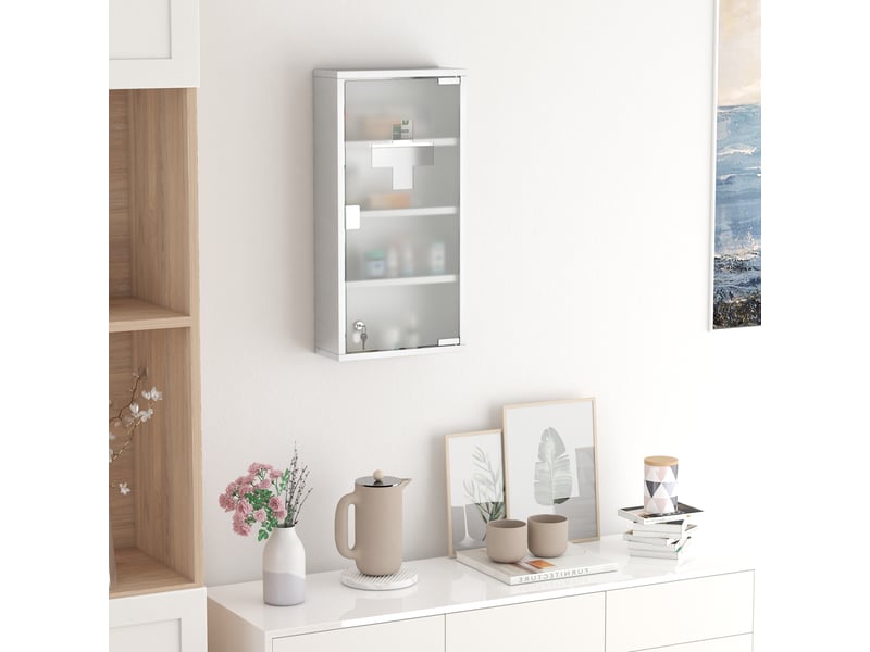  Armoire à pharmacie 3 étagères 4 niveaux 30l x 12l x 60h cm porte verre trempé symbole croix acier inoxydable brossé  - Conforama D