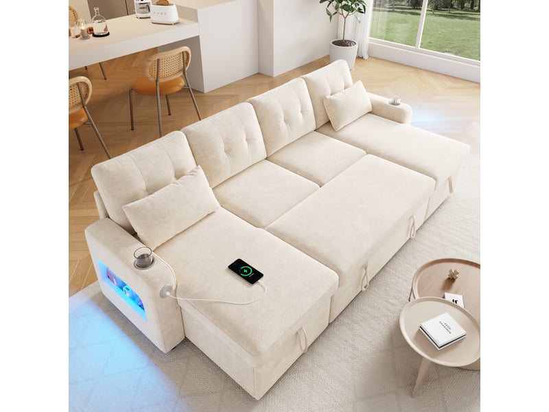 Canapé d'angle panoramique convertible 4 places tissu beige led coffre de rangement canapé d'angle beige - Conforama D