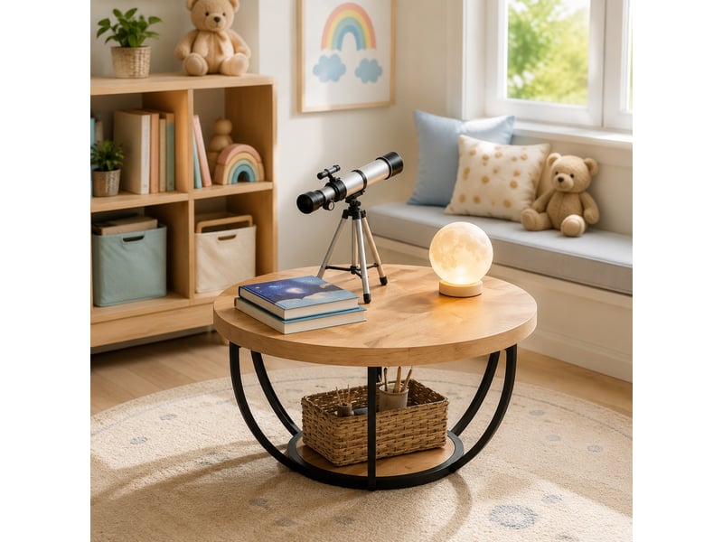 Table basse ronde à deux niveaux avec plateau effet bois et piètement métallique pour salon ou bureau, finition bois - Conforama C