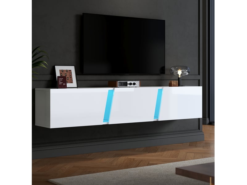  Meuble tv mural modenvie 180 x 35 x 30 cm avec led, 3 portes abattantes, blanc brillant et acrylique bleu  - Conforama E