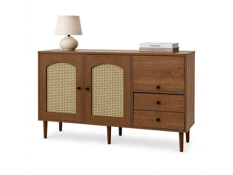 Buffet bas 130 x 40 x 75,5 cm bois, style campagne avec portes en rotin et 3 tiroirs, rangement fermé  - Conforama A