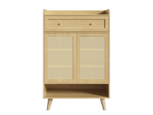 Meuble à chaussures oslo rotin 80x35x105 cm, 2 portes, 4 étagères, tiroir & niche ouverte