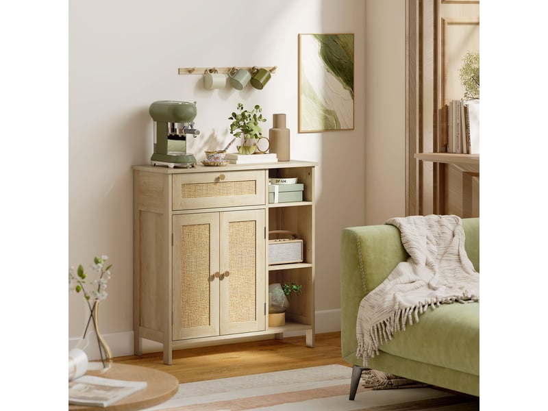 Buffet, meuble de rangement, 2 portes en rotin, tiroir, niches ouvertes, 75x30x79,5cm, étagères réglables, bois naturel  - Conforama D