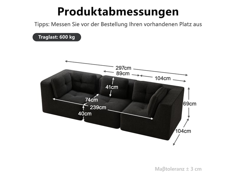  Canapé droit modulable 3 places velours côtelé noir – 297 x 104 x 69 cm Fay Lum - Conforama C
