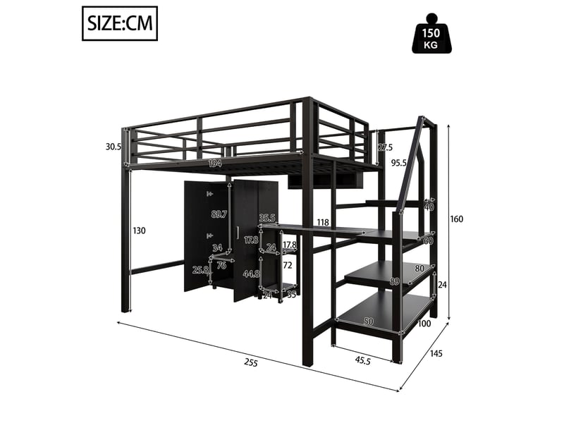  Lit mezzanine enfant 140x200 cm avec bureau et armoire coloris noir  - Conforama C