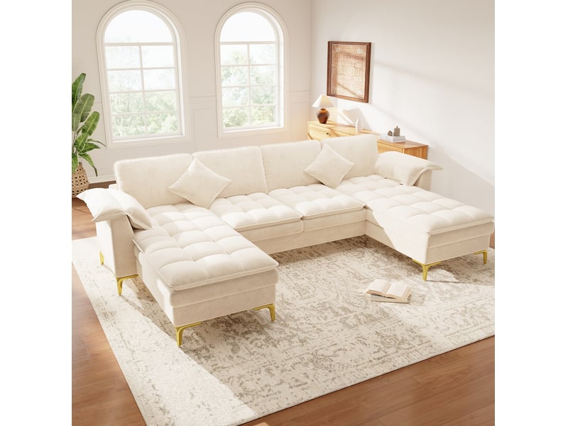  Canapé d’angle en u 262x134x86 cm 4 places modulable beige  - Conforama D