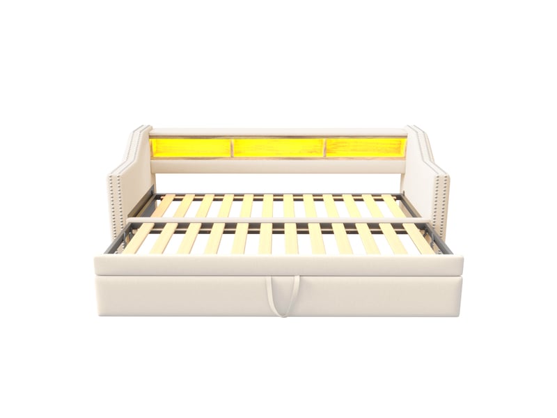 Lit gigogne 1 ou 2 places, avec 3 niches de rangement, led et usb, 90x190 et 180x190 cm, sans matelas - Conforama E