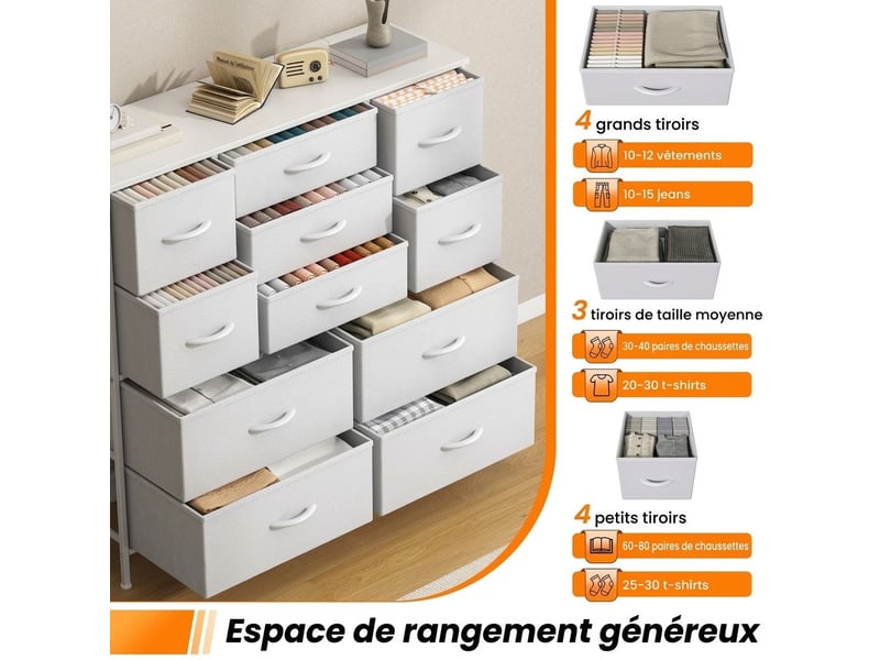  Chiffonnier meuble 100x30x97 cm onze tiroirs tissu blanc et metal blanc chambre  - Conforama D