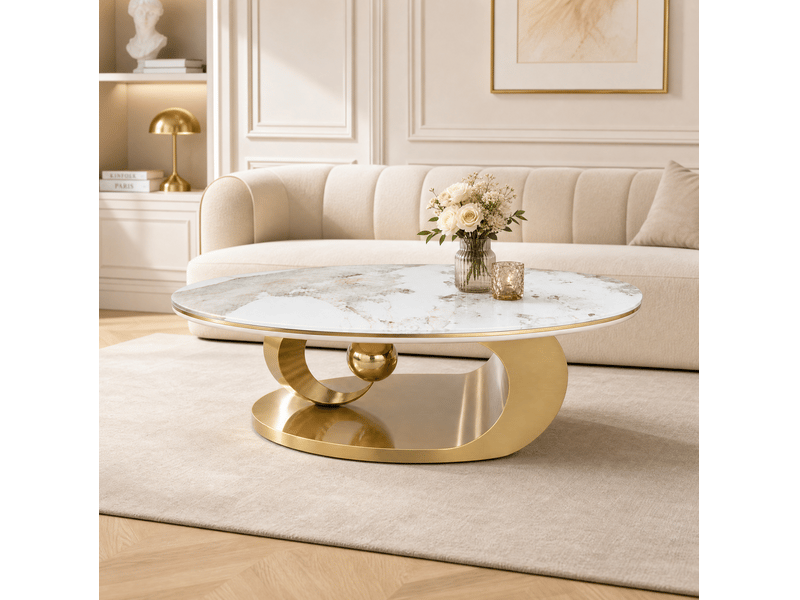  Table basse ovale 120x67x41 cm effet marbre blanc avec piètement doré  - Conforama B