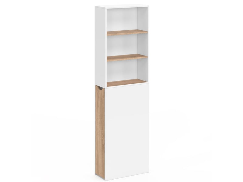 Meuble colonne salle de bain tomi gain de place desserte 2 niveaux avec tiroirs et 3 étagères façon hêtre et blanc  - Conforama D