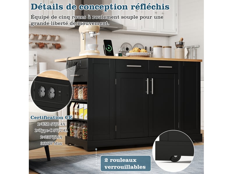 Desserte de cuisine avec plateau rabattable, prises et espace poubelle, rangements, noir et bois, 138 × 86 × 92 cm - Conforama E