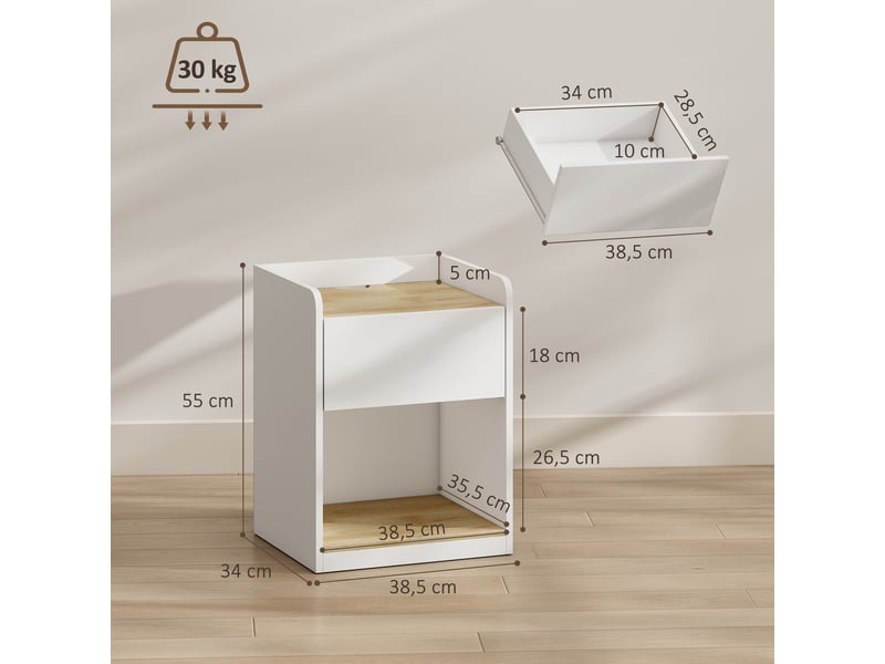  Table de chevet moderne, table de nuit avec tiroir à glissières, niche, plateau, passe-câbles, 42x37x55cm, blanc chêne  - Conforama E
