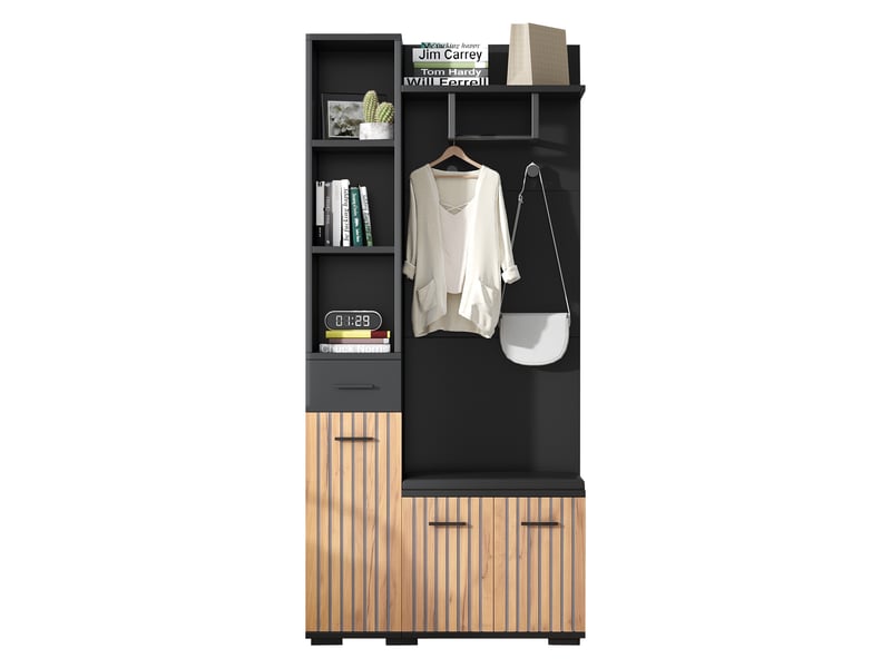 Portemanteau avec banc et rangement 80 x 175 cm en panneau de particules noir et bois - Conforama D