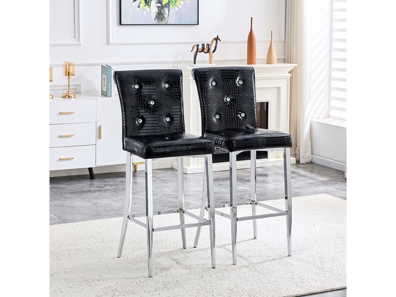  Tabourets de bar lot de 2 avec dossier haut et repose-pieds - lpospi - métal chromé, simili cuir effet croco - noir  - Conforama B