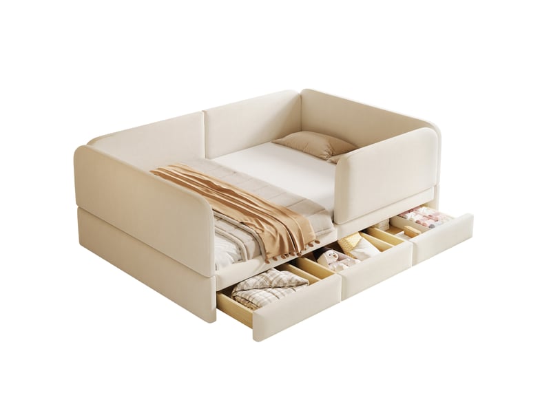  Lit enfant, 140x200 cm, espace nuit, bords arrondis, tiroirs de rangement, matelas non inclus, velours, coloris beige  - Conforama A
